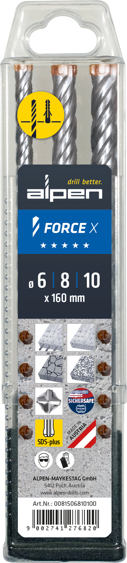 FORCE X, SDS-plus Hammerbohrer, 4 Schneiden, L2=250 - SET