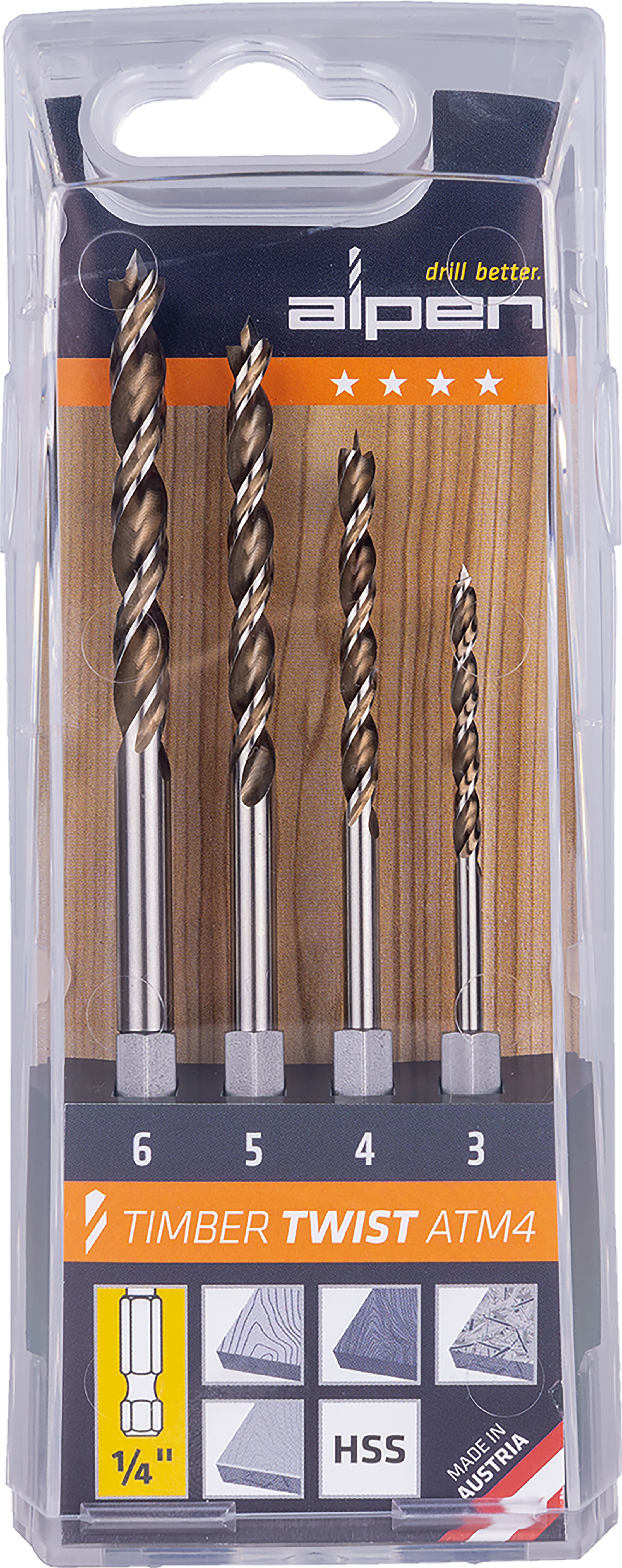 HSS Maschinen-
Holzspiralbohrer
mit 1/4˝-Sechskantschaft