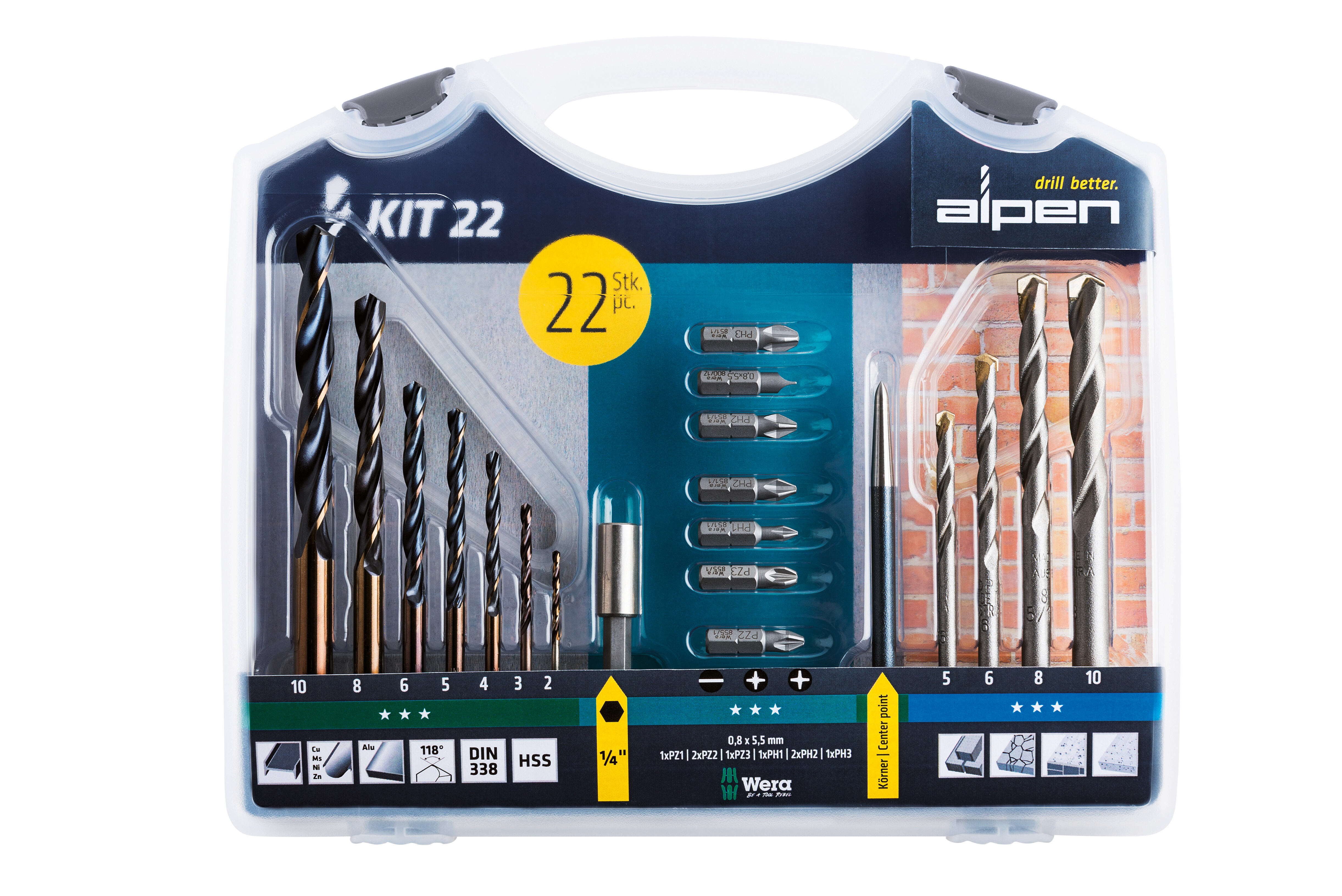 Bohr-Schraubset KIT 22 22-tlg., Metall, Stein, 9 Bits sortiert, Bitshalter, Körner, SET