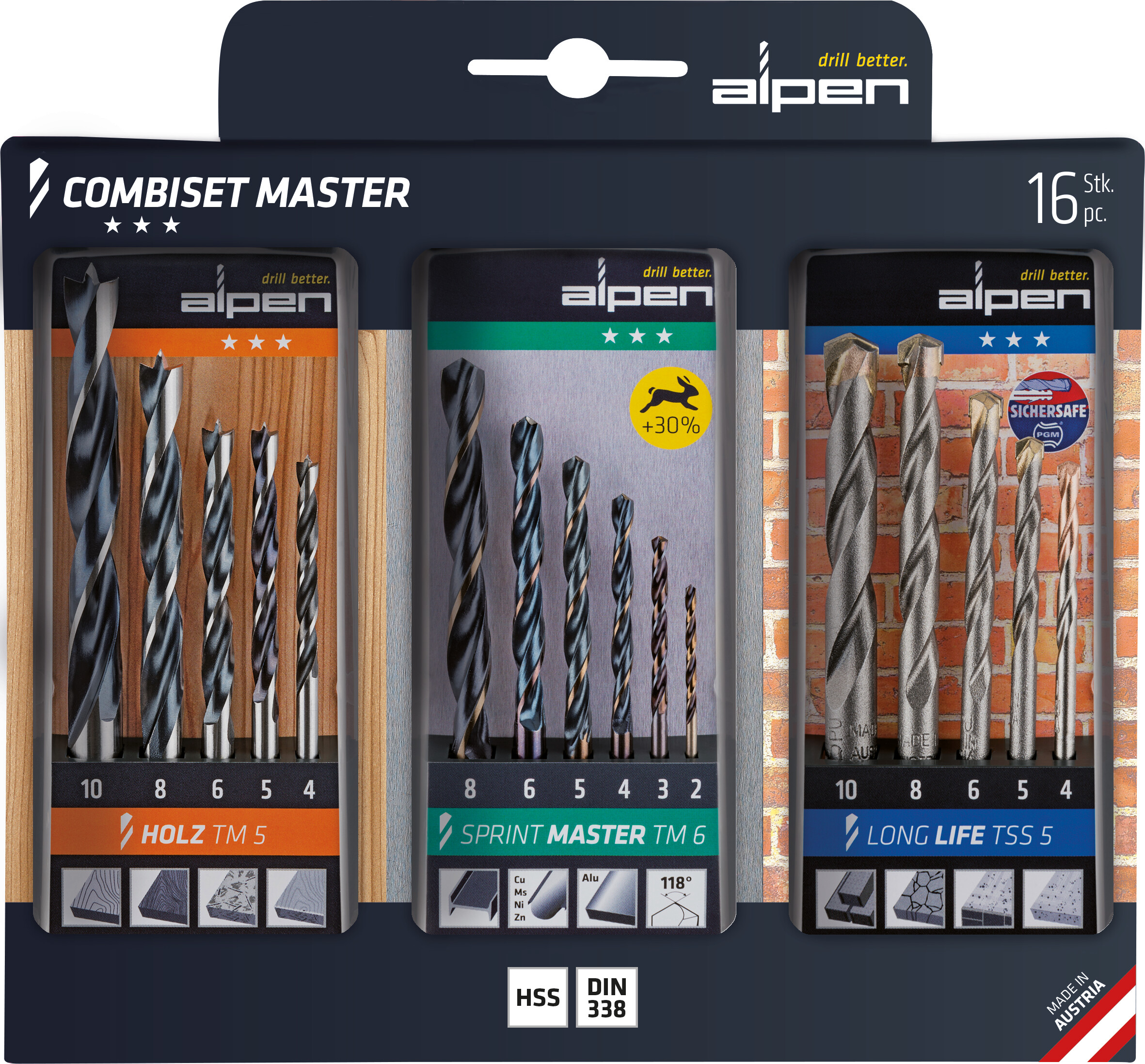 Combiset Master-Holz/Stein/Metall  16-tlg., Holz TM 5,LongLife TSS 5, HSS-Sprint Master TM 6, SET