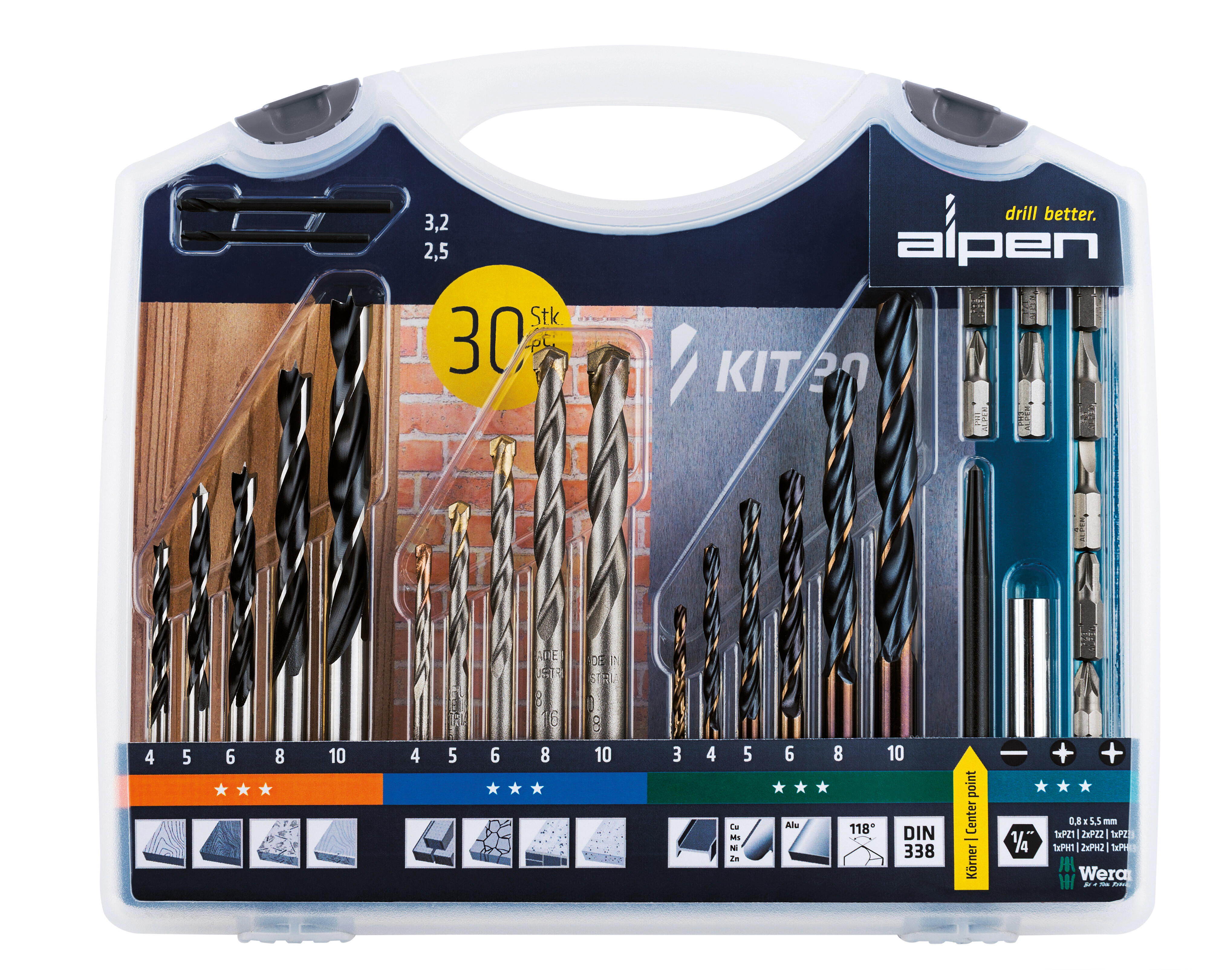 Bohr-Schraubset KIT 30 30-tlg., Metall, Stein/Holz, 9 Bits sort.,Bitshalter,Körner, SET