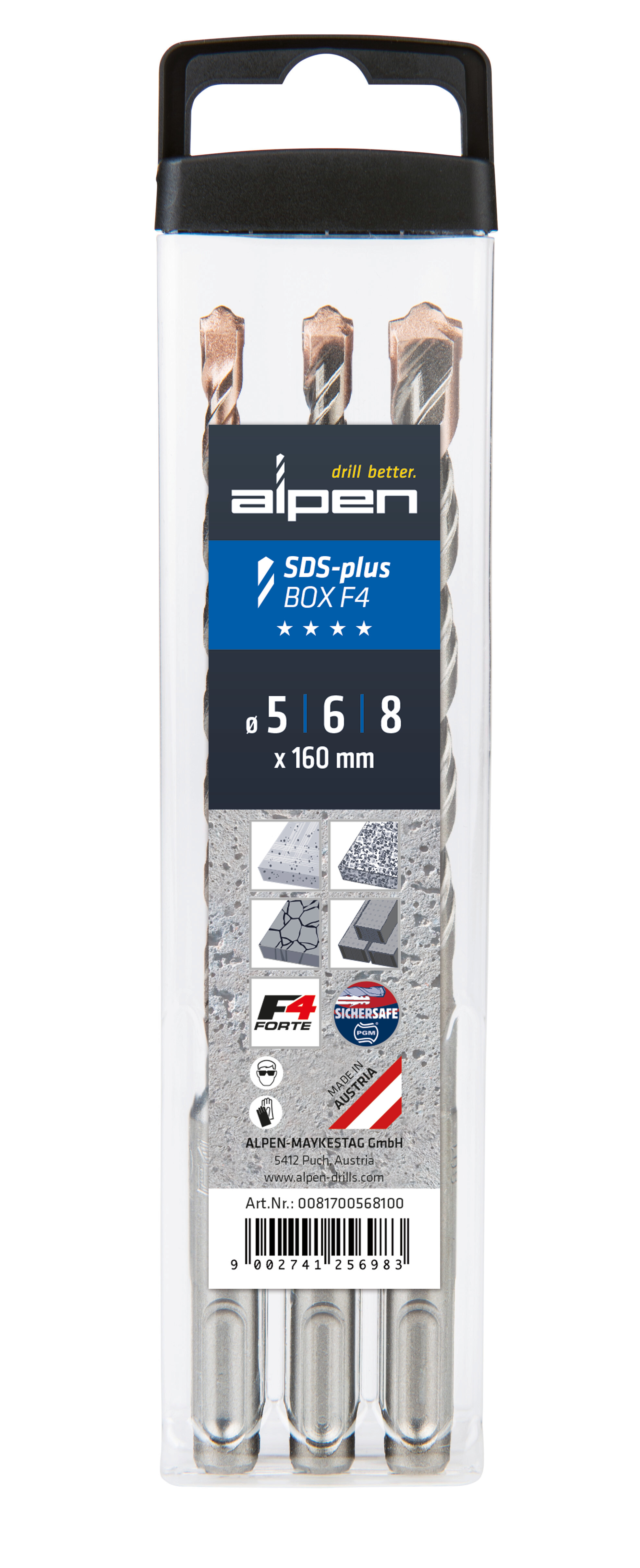 „F4“, SDS-plus Hammerbohrer, 2 Schneiden, L2=250 - SET